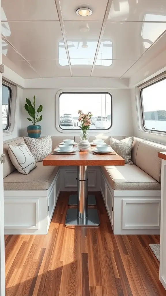 Houseboat kitchen with under-the-bench storage and dining area.
