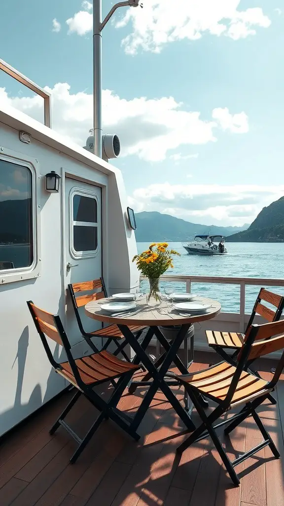 A cozy outdoor dining setup on a houseboat, featuring a round table with plates, glasses, and a vase of flowers, surrounded by folding chairs, against a beautiful water backdrop.