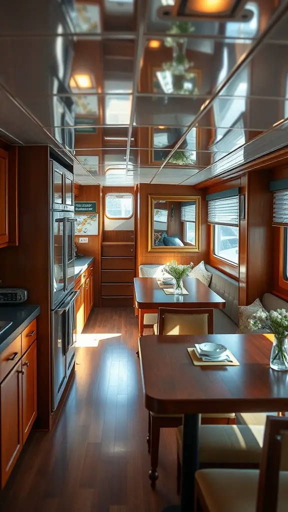 Stylish houseboat kitchen and dining area with mirrored ceiling and reflective surfaces.