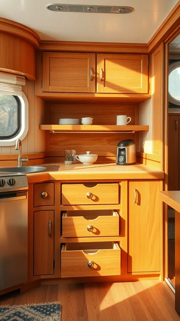 A kitchen area on a houseboat featuring wooden cabinets, a sink, and hidden drawers.