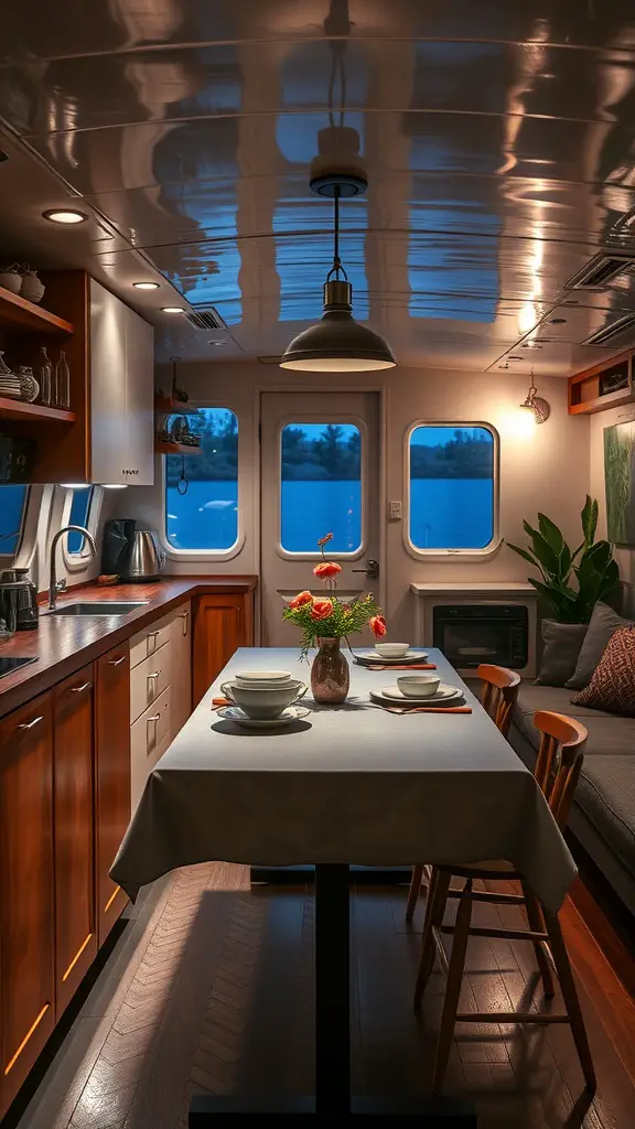 Interior view of a houseboat kitchen and dining area with warm lighting.