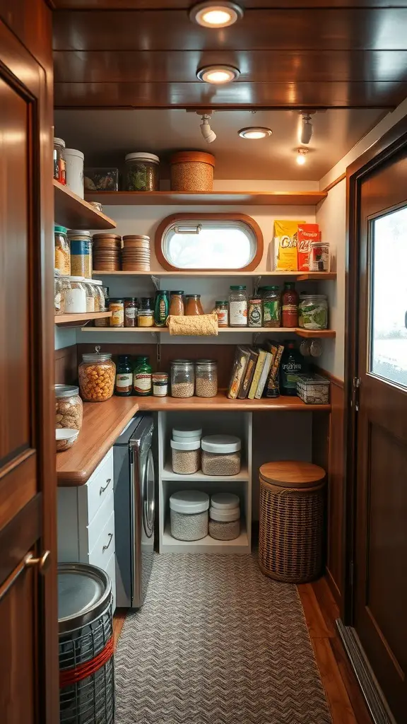 A well-organized pantry in a houseboat kitchen with shelves full of jars, baskets, and food items.