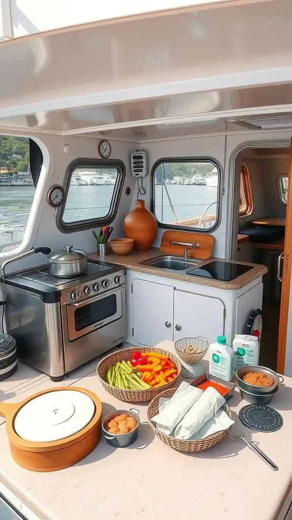 A well-organized houseboat kitchen with a stove, fresh vegetables, and cooking utensils.