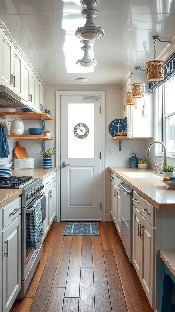 A bright and airy houseboat kitchen featuring white cabinets, wooden floors, and nautical-themed decor.
