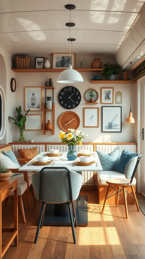 A cozy dining area on a houseboat featuring a table, chairs, and creatively arranged wall decor.