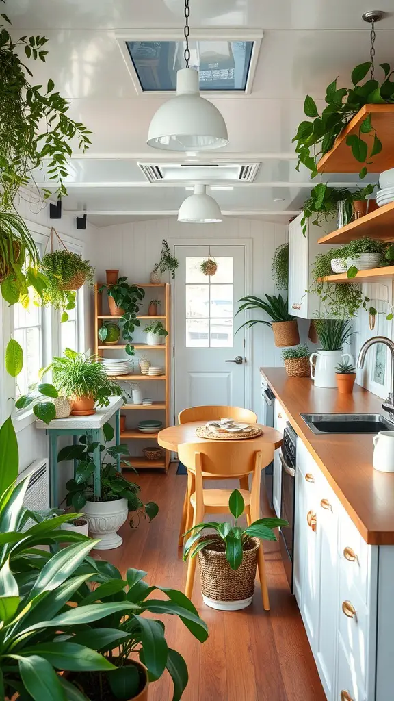 A bright kitchen with various plants, a wooden dining table, and white cabinets.