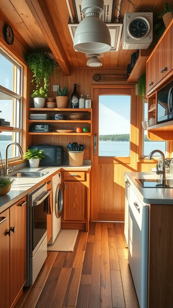 A cozy and sustainable houseboat kitchen with eco-friendly appliances.