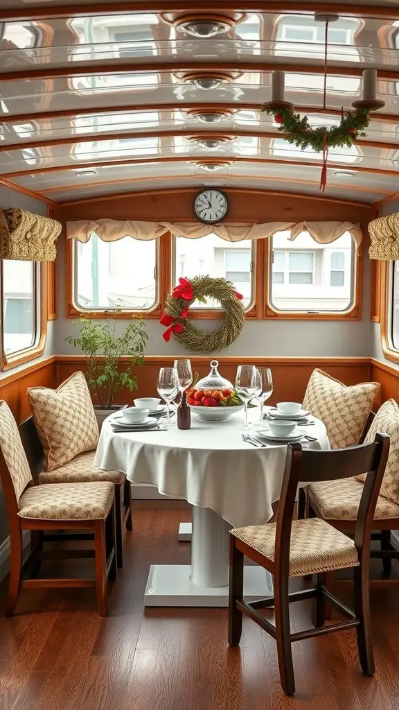 Cozy houseboat dining area decorated for the season with a wreath, plants, and elegant table settings.
