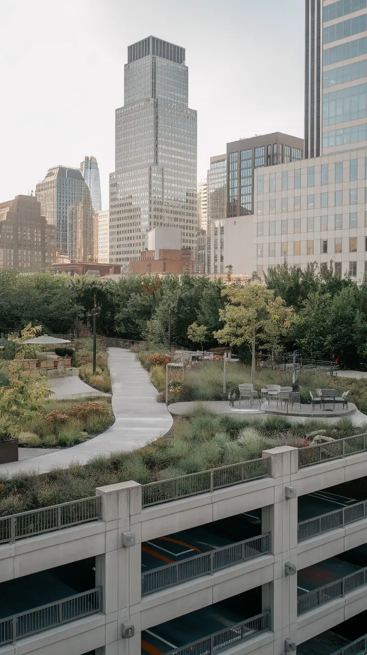 Rooftop park on top of a parking garage with greenery and pathways.
