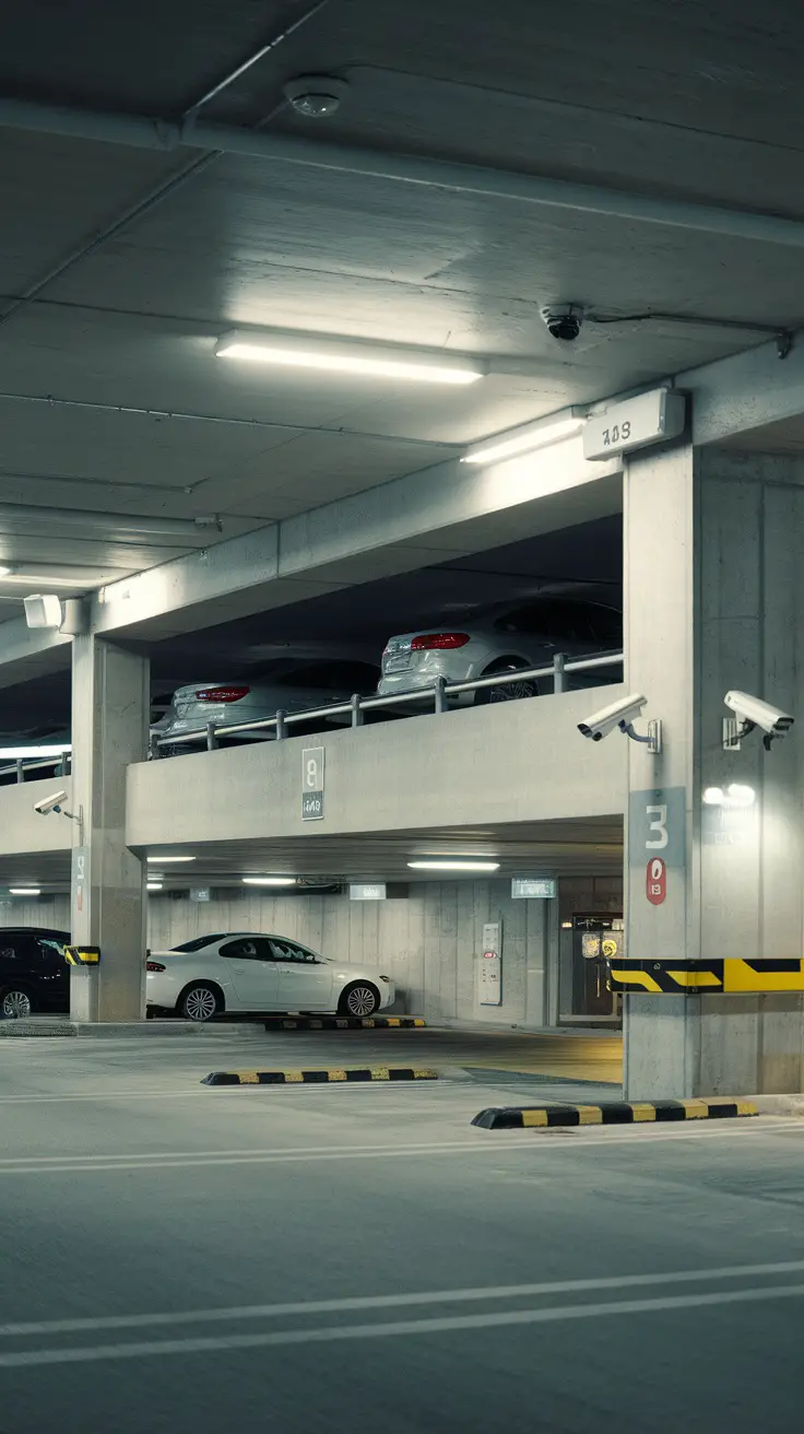 A modern parking garage with multiple surveillance cameras and well-lit spaces