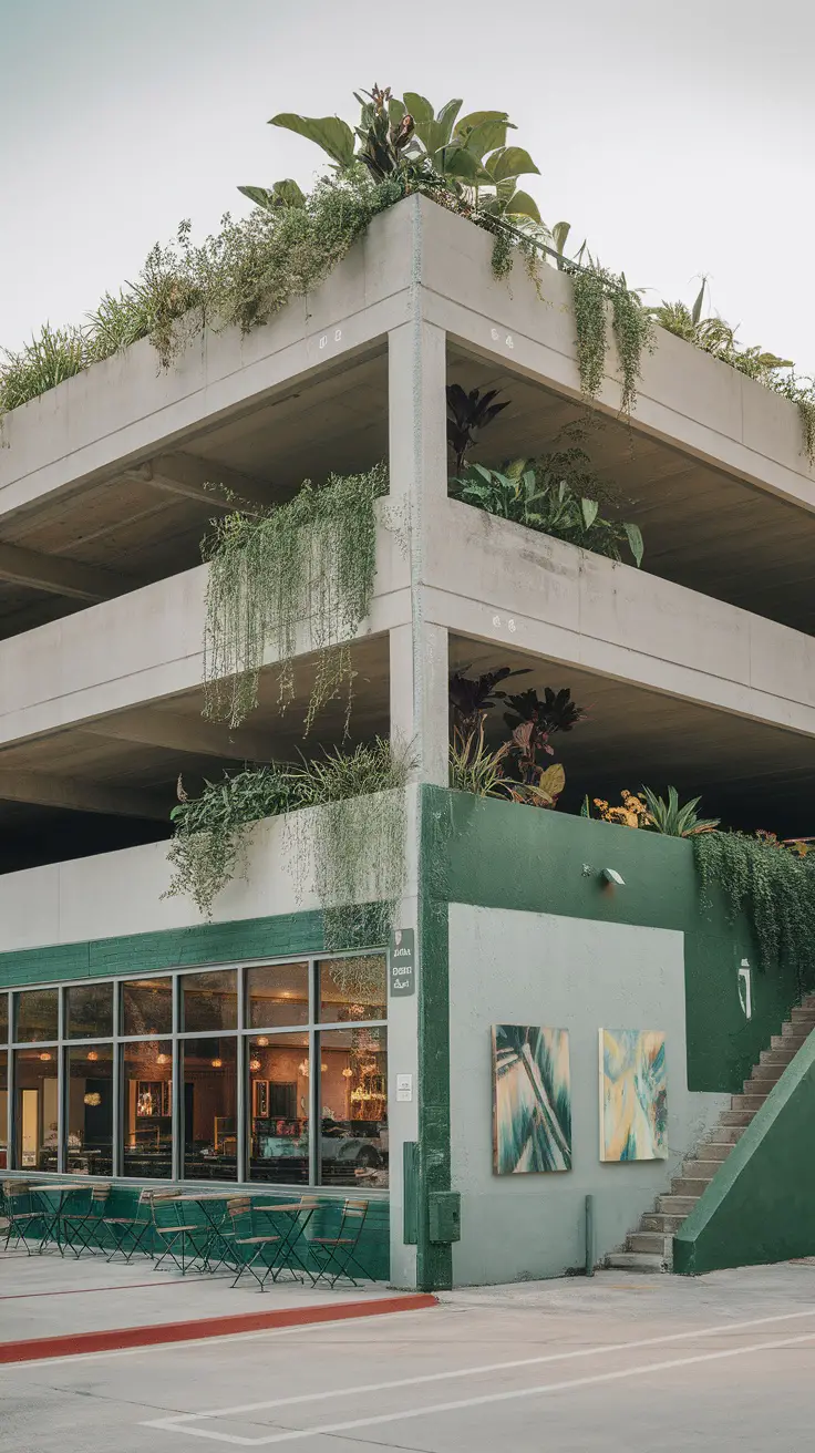 A parking garage with greenery on top and a café at the base, showcasing flexible space utilization.