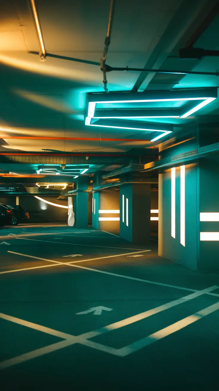A modern parking garage featuring geometric light fixtures in teal and orange, illuminating the space.