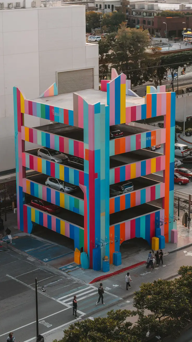 A colorful parking garage with bold stripes in pink, blue, yellow, and green, surrounded by pedestrians and urban scenery.