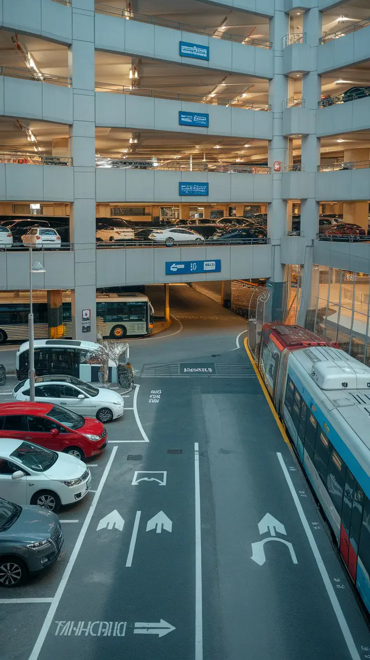 A view inside a parking garage with multiple levels and a bus stop integrated, showcasing a public transit hub.