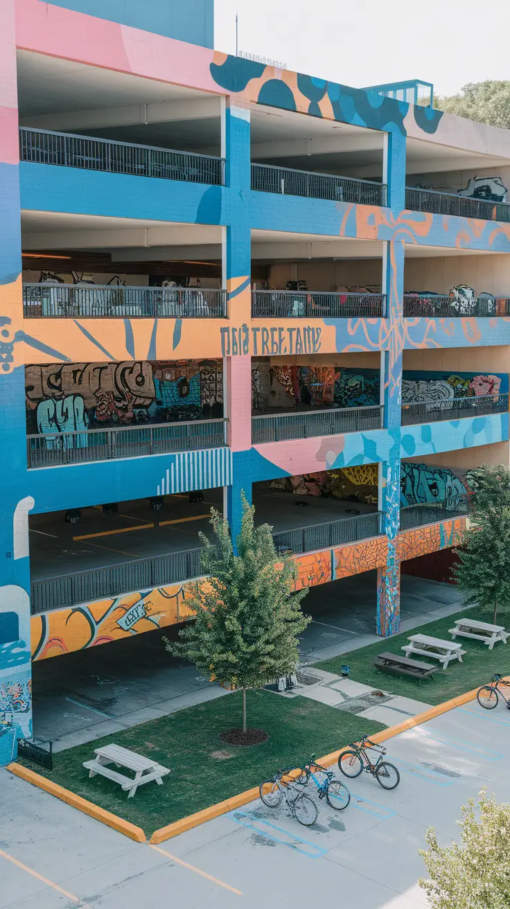 Colorfully painted parking garage with picnic tables and bike racks