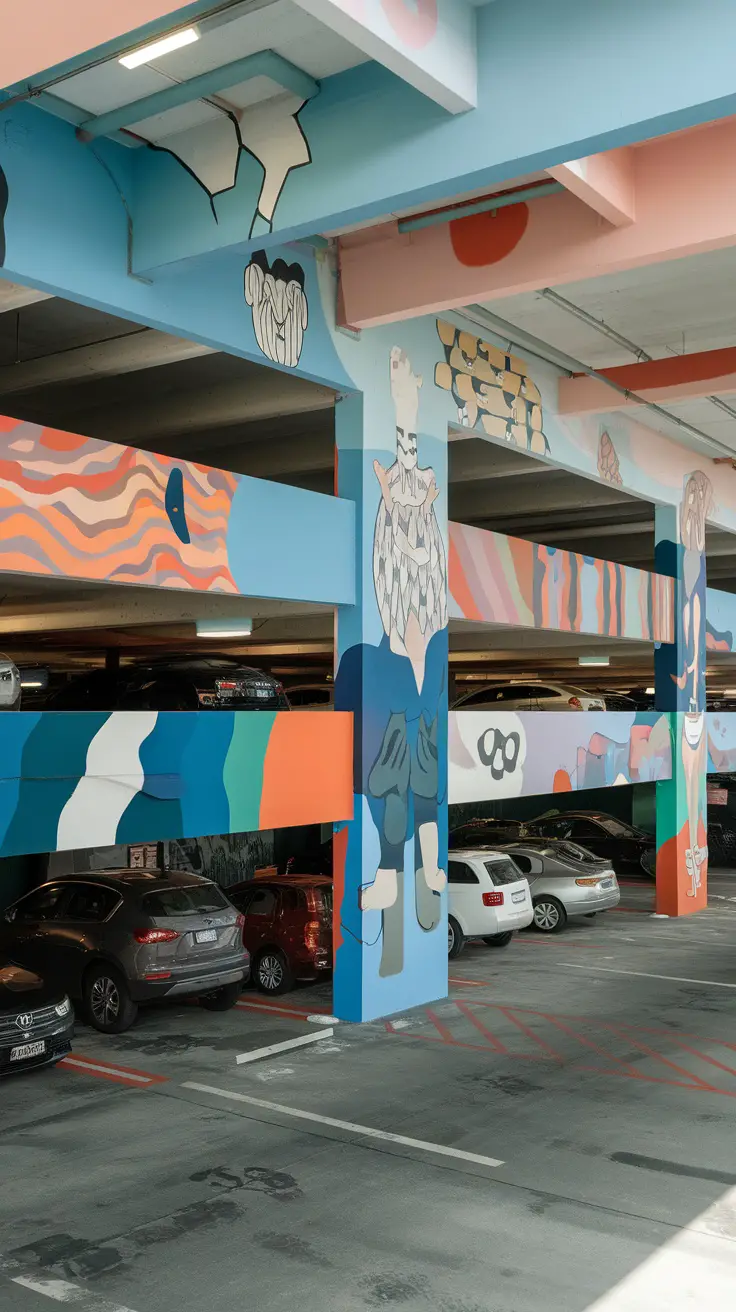 A colorful parking garage with murals on the pillars, showcasing various artistic designs.