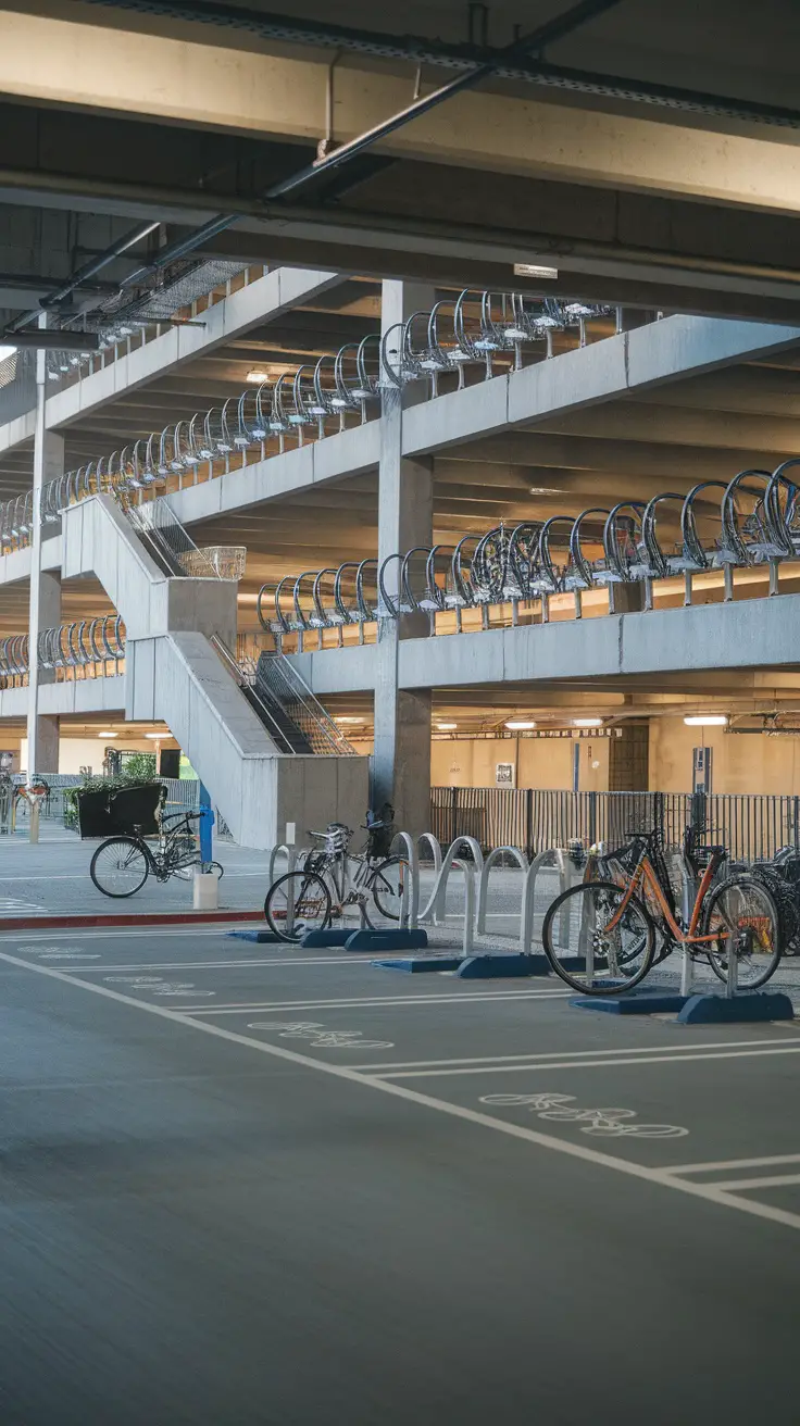 Bicycle parking garage with hanging bike racks and marked bike lanes