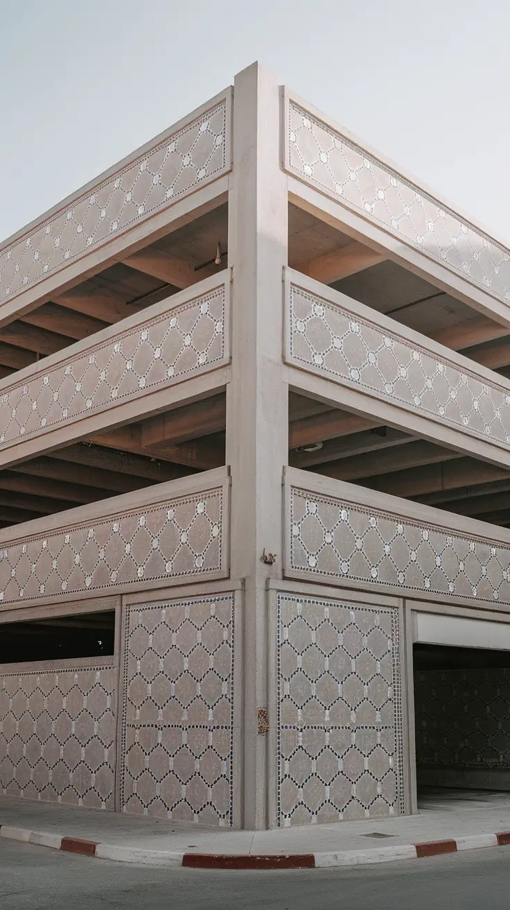Parking garage with decorative patterns inspired by cultural heritage.