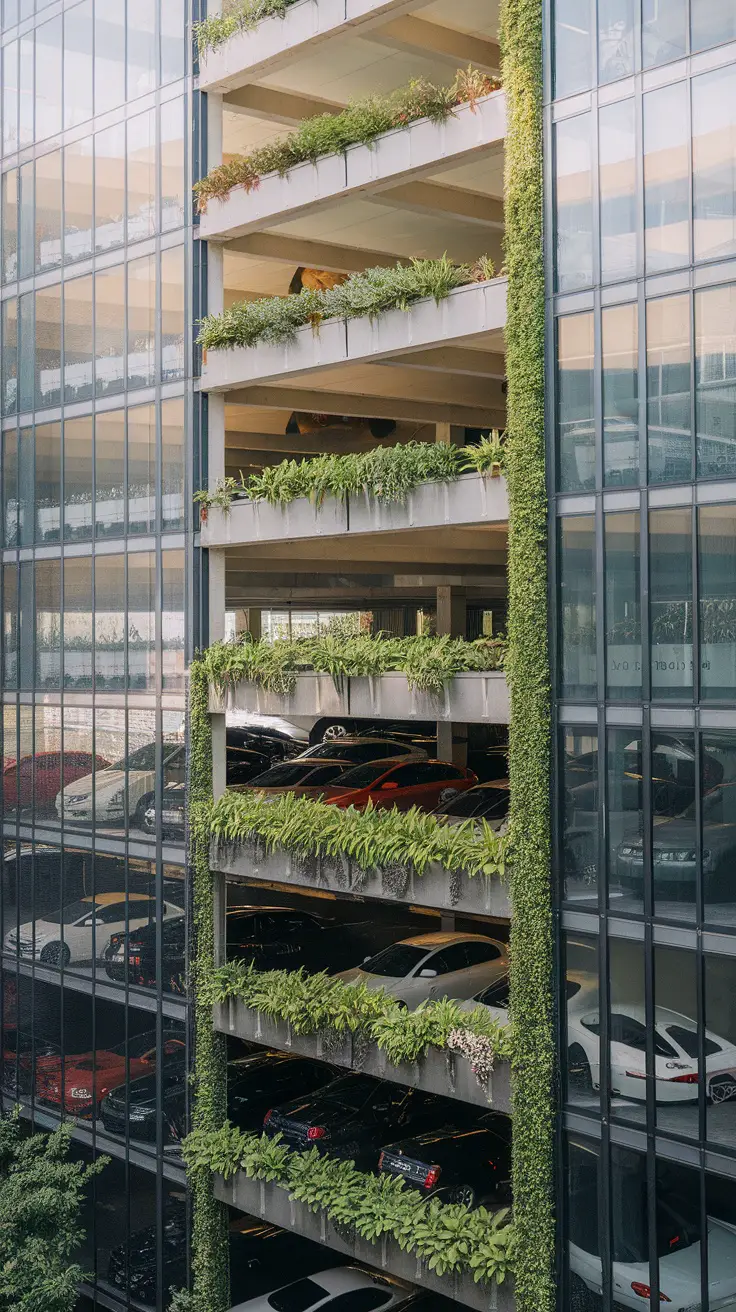 A parking garage with multiple levels featuring lush vertical gardens along the edges.