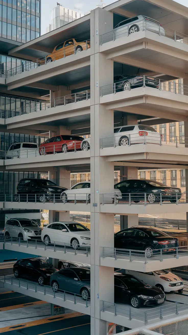 A multi-level parking garage with various cars parked on different levels.