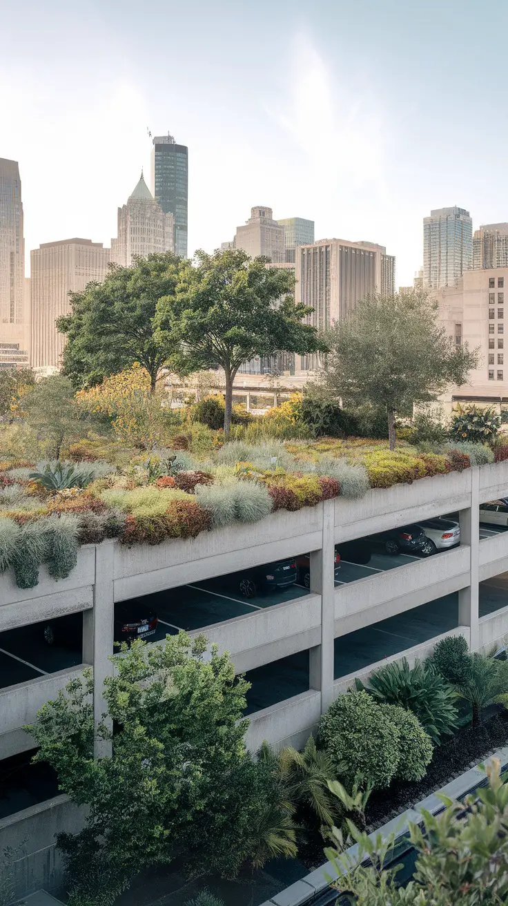 A parking garage with a green roof featuring various plants and trees, set against a city skyline.