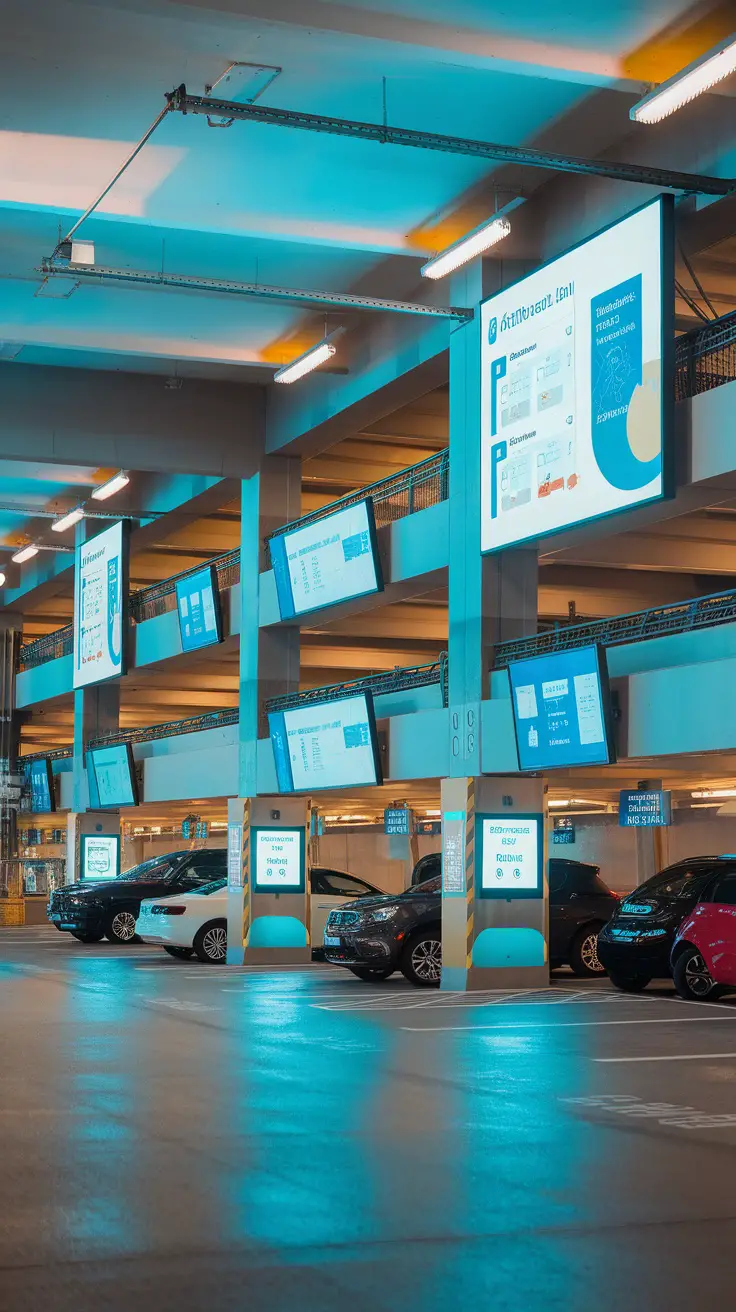 A modern parking garage with digital screens displaying information and guidance.