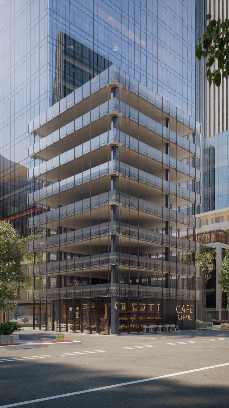 Modern modular parking garage with glass facade and multiple levels