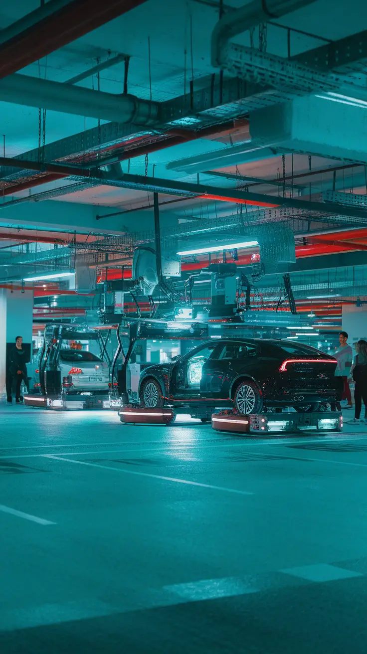 A modern automated parking garage with vehicles being moved by robotic platforms.