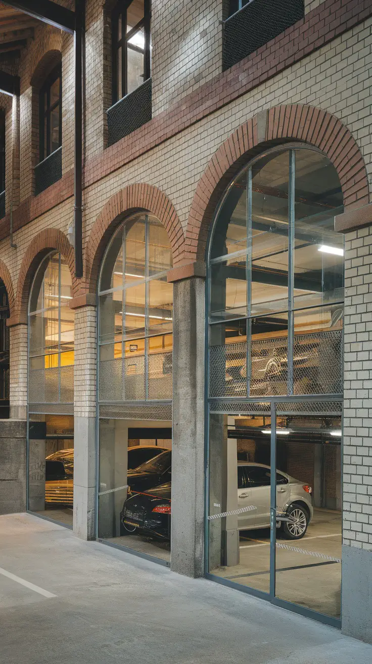 Image of a stylish parking garage showcasing historic architecture with brick arches and large glass windows.
