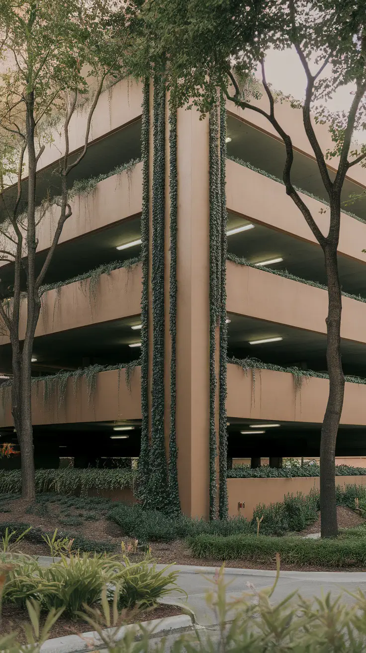A parking garage with greenery integrated into its design, surrounded by trees and plants.