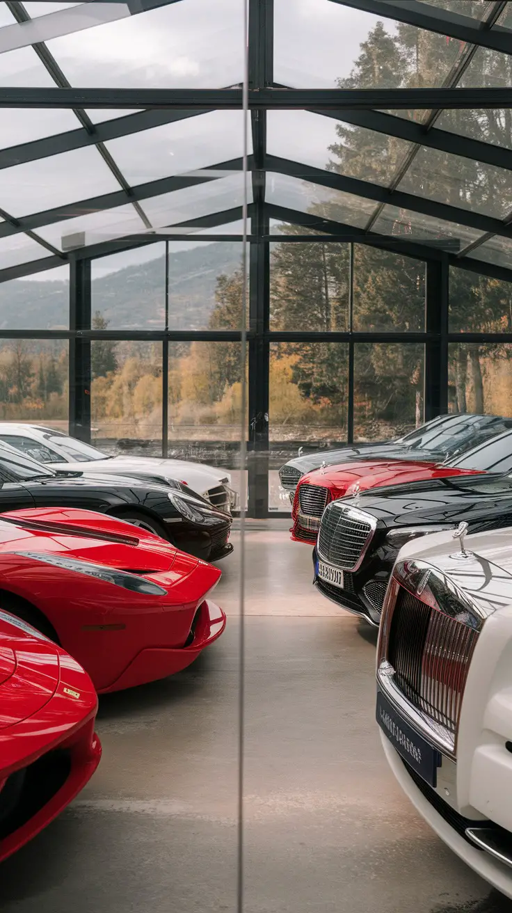 A glass enclosed garage displaying luxury cars, featuring a modern design.
