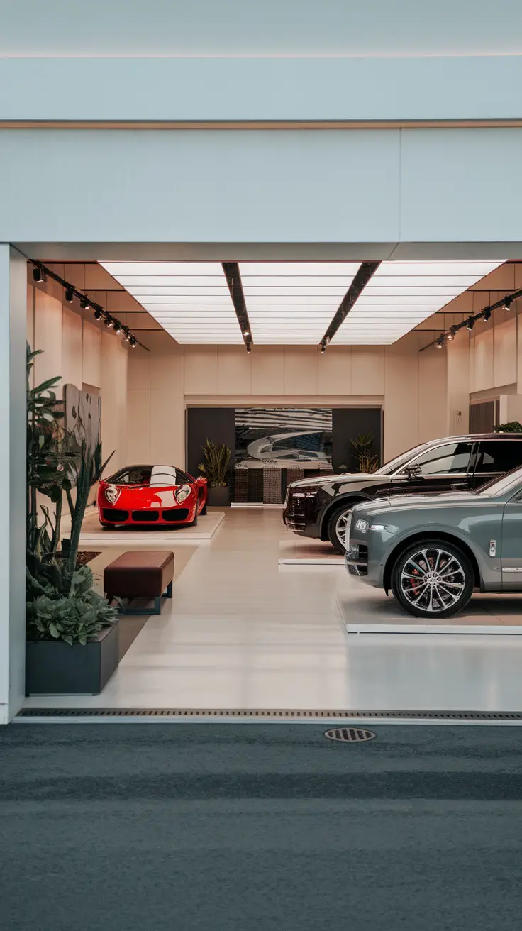 A luxurious car showroom garage featuring a vibrant red sports car and several high-end vehicles displayed under soft lighting.