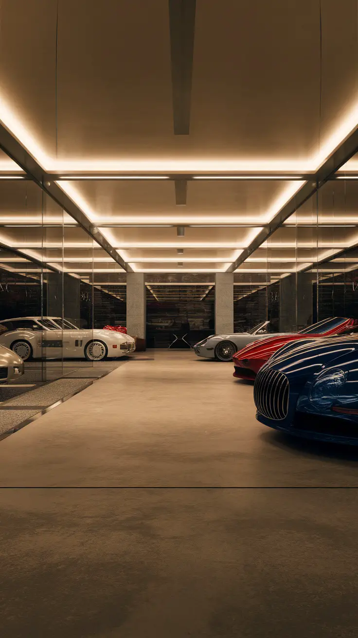 A sleek underground car garage featuring luxury vehicles and modern design elements