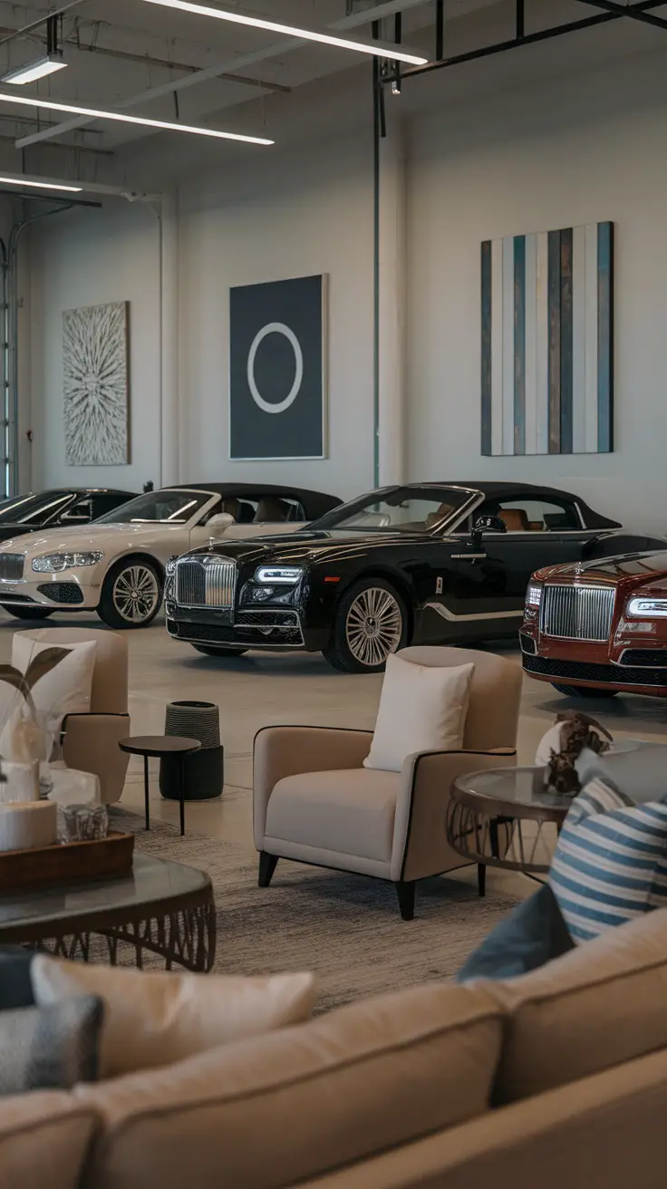 A high-end car enthusiast lounge featuring luxury cars, modern art, and cozy seating.