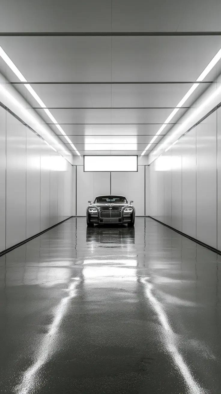 A modern minimalist garage featuring a sleek vehicle, white walls, and a reflective floor.