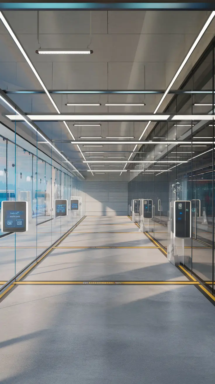 A modern high-tech smart garage with glass walls and digital screens, showcasing a spacious and sleek design.