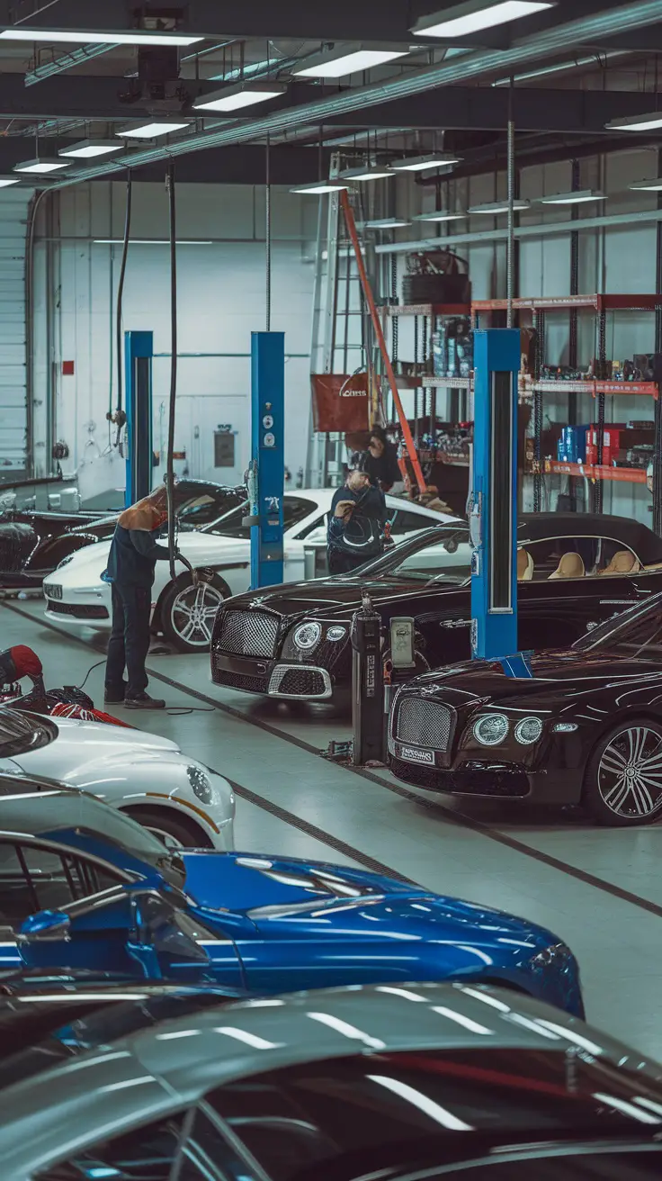 A luxury car workshop featuring high-end vehicles and professional tools
