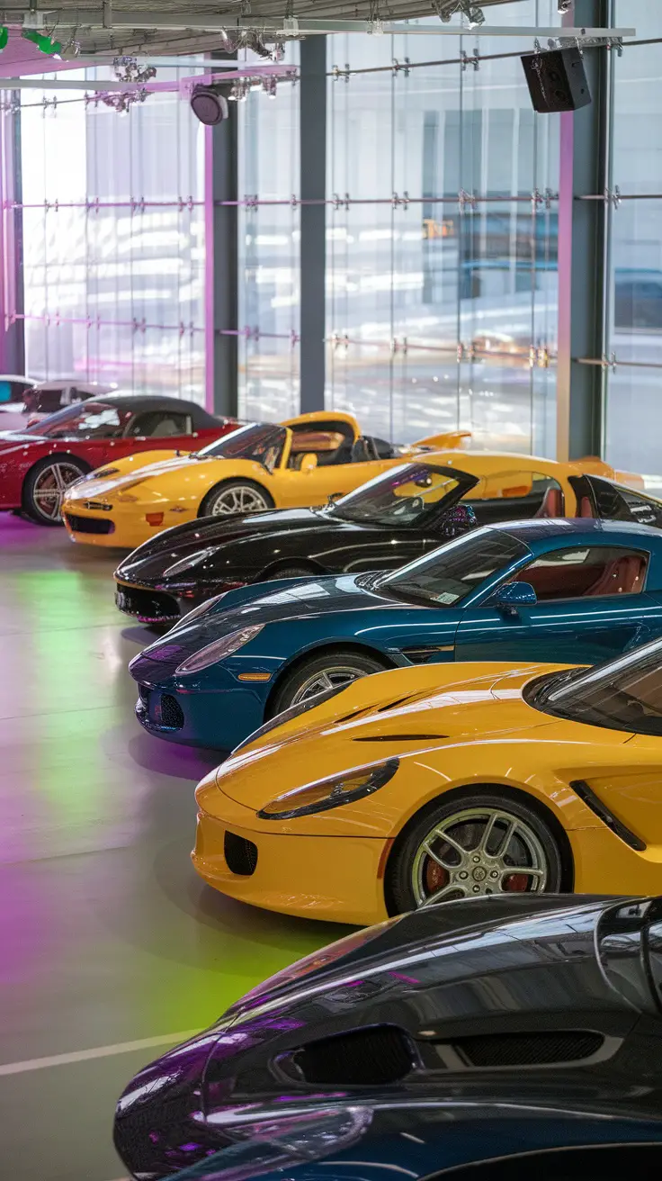 A modern exotic car showroom garage featuring a lineup of colorful luxury cars