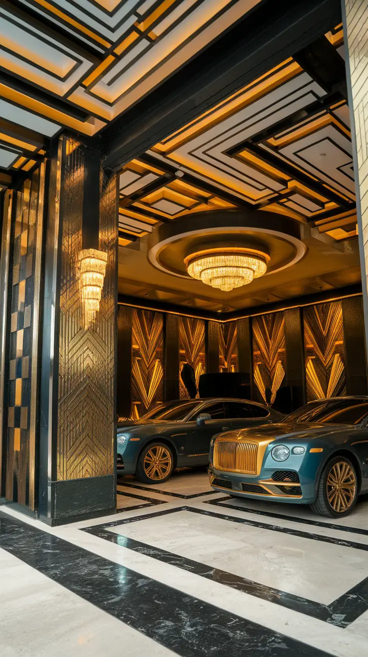 Art Deco inspired garage with luxury cars and elegant design elements