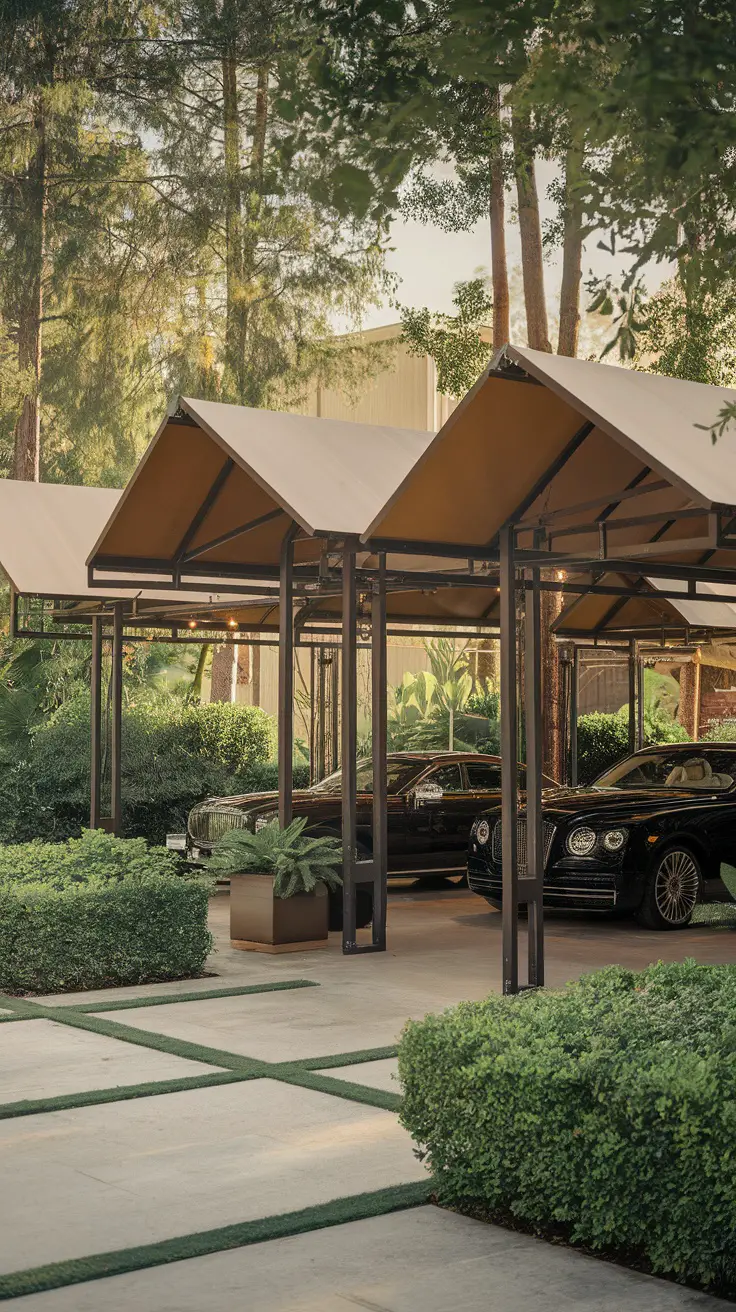 An outdoor car pavilion with stylish canopies and luxury cars parked underneath, surrounded by greenery.