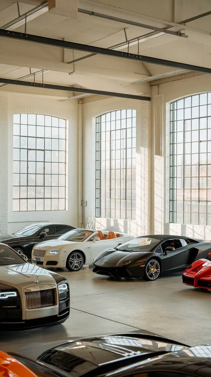 A luxury loft garage filled with high-end cars, showcasing a bright and spacious design with large windows.
