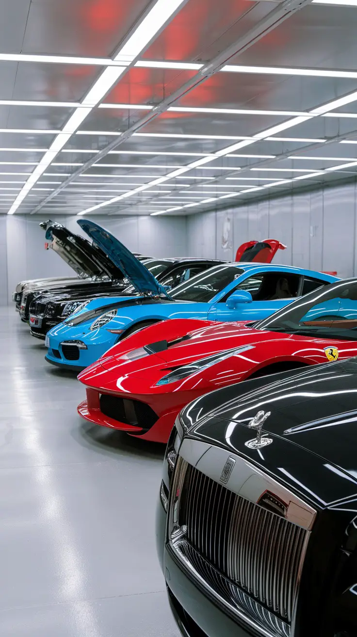 A luxury car storage vault featuring a lineup of high-end vehicles, showcasing their gleaming surfaces and elegant designs.