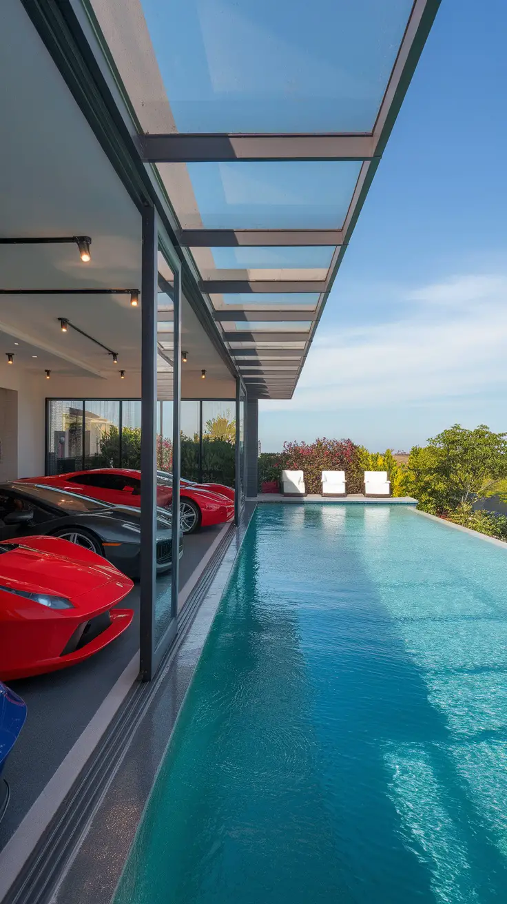 A garage featuring luxury cars with an infinity pool extending towards the view.