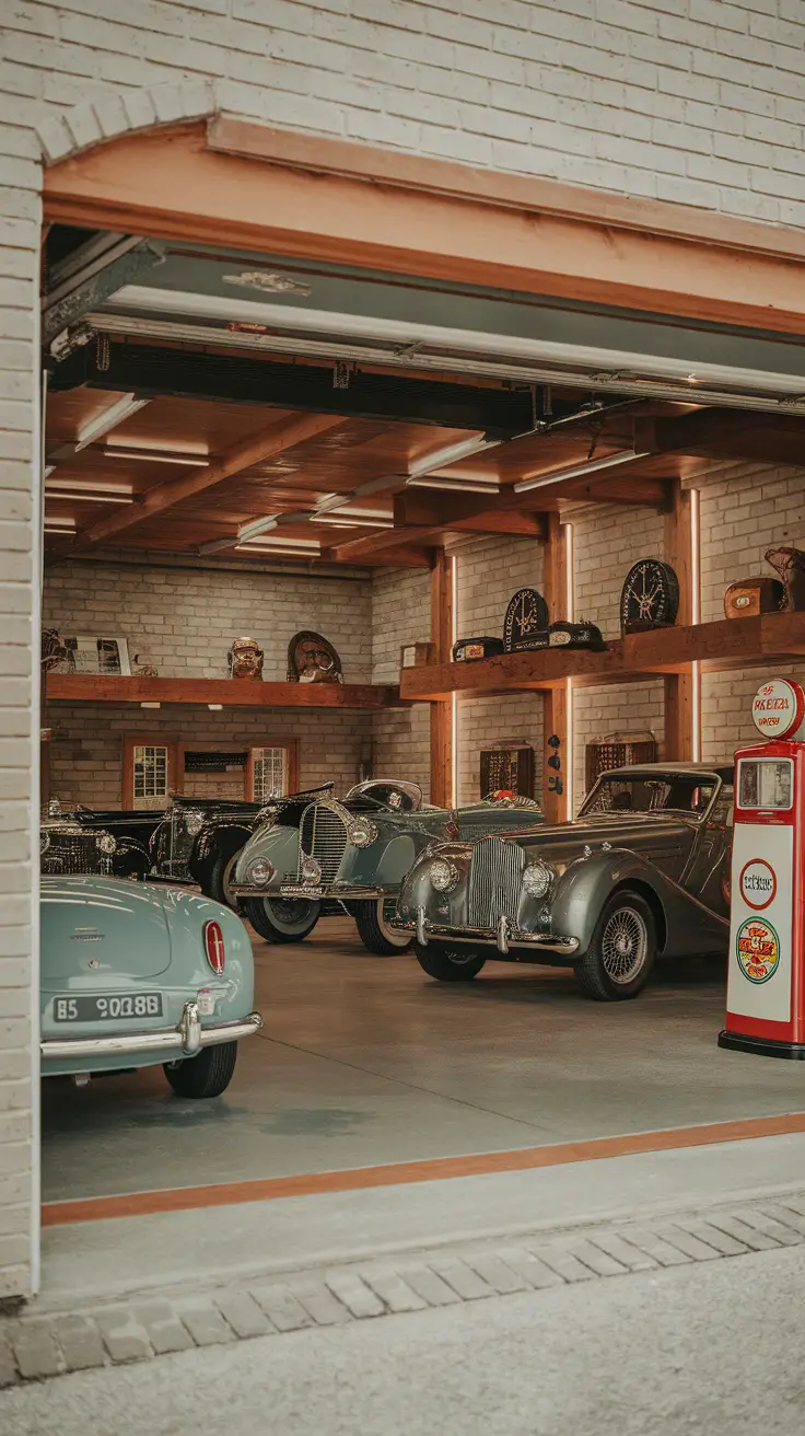 A classic car garage filled with vintage cars, wooden beams, and memorabilia.