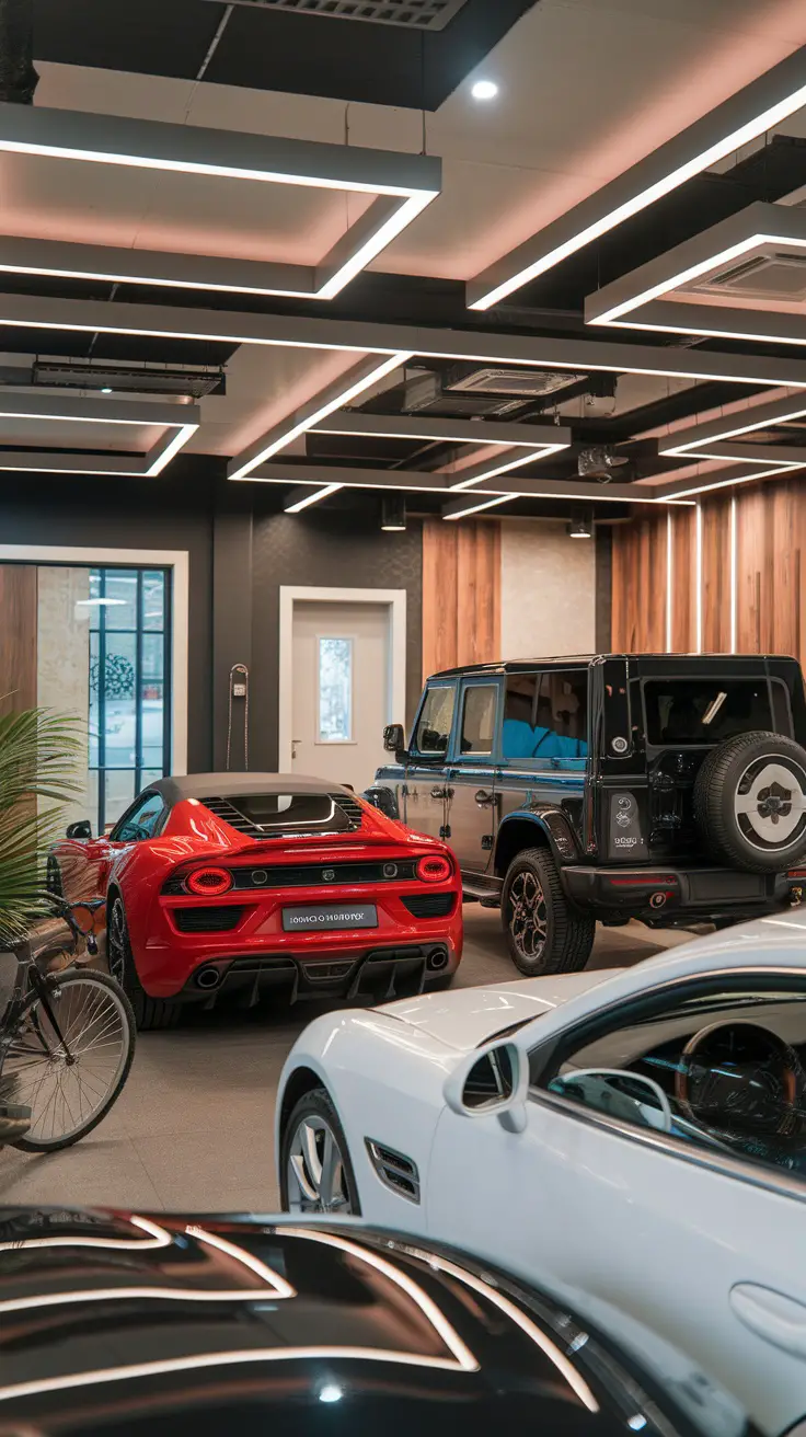 A stylish customizable modular garage featuring luxury cars, modern lighting, and a spacious layout.