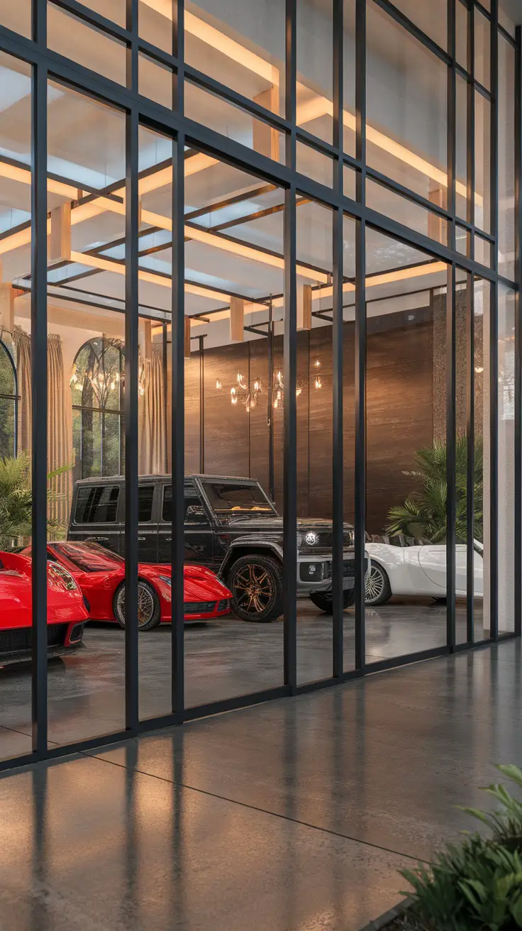 Custom built luxury garage showcasing multiple cars with large glass panels and elegant lighting