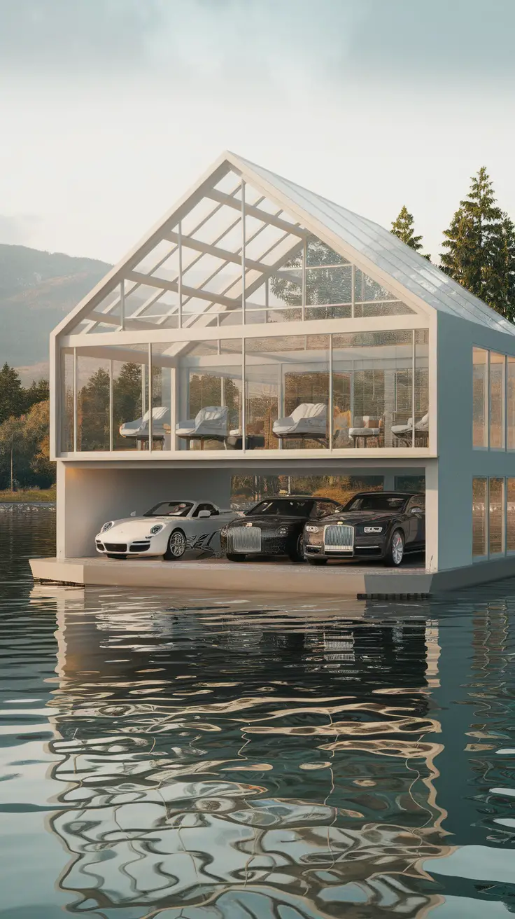 A modern floating garage on water with luxury cars inside.