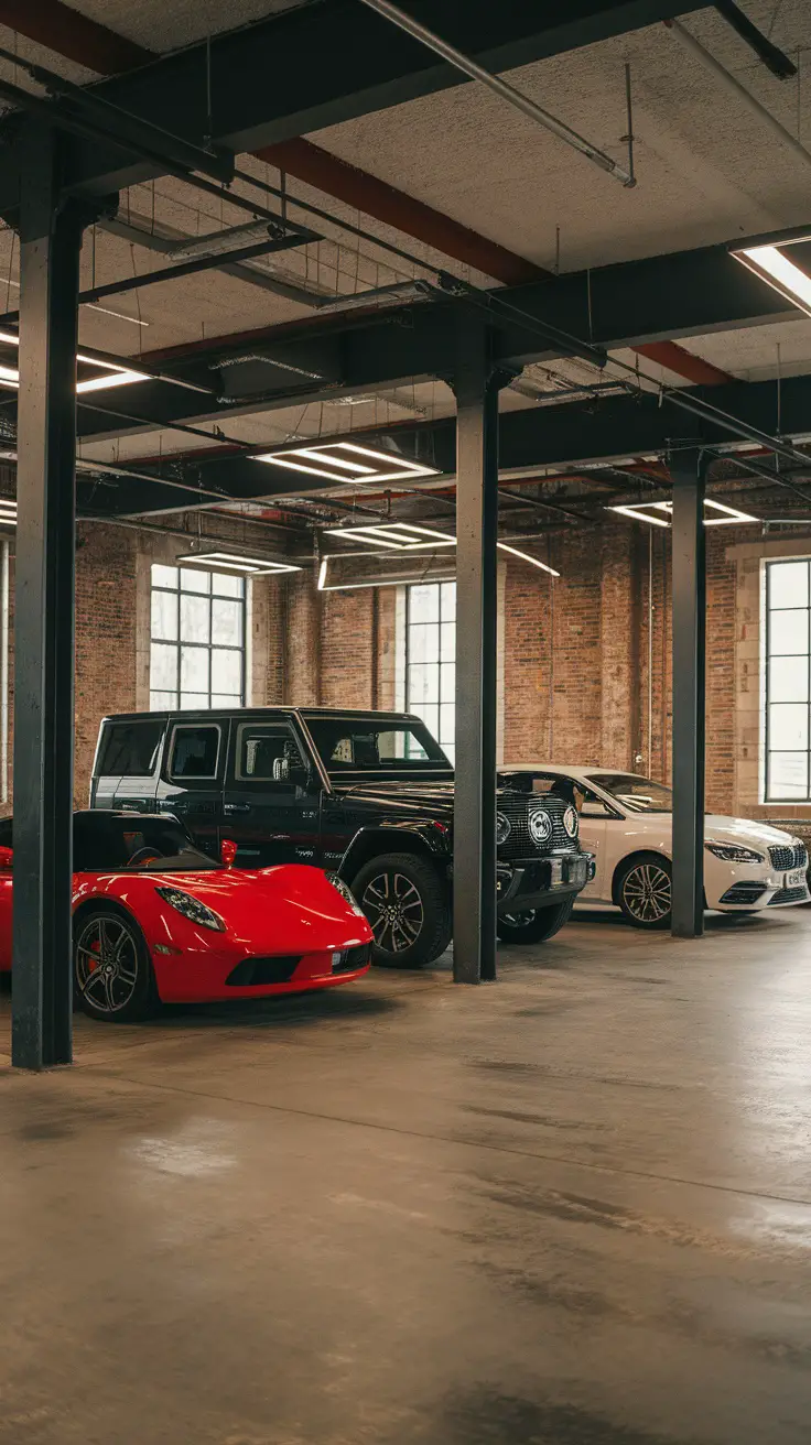 Elegant industrial chic garage featuring a red sports car and modern lighting.