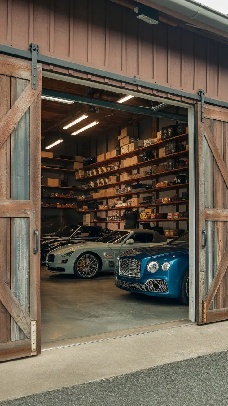 Vintage barn garage showcasing luxury cars inside