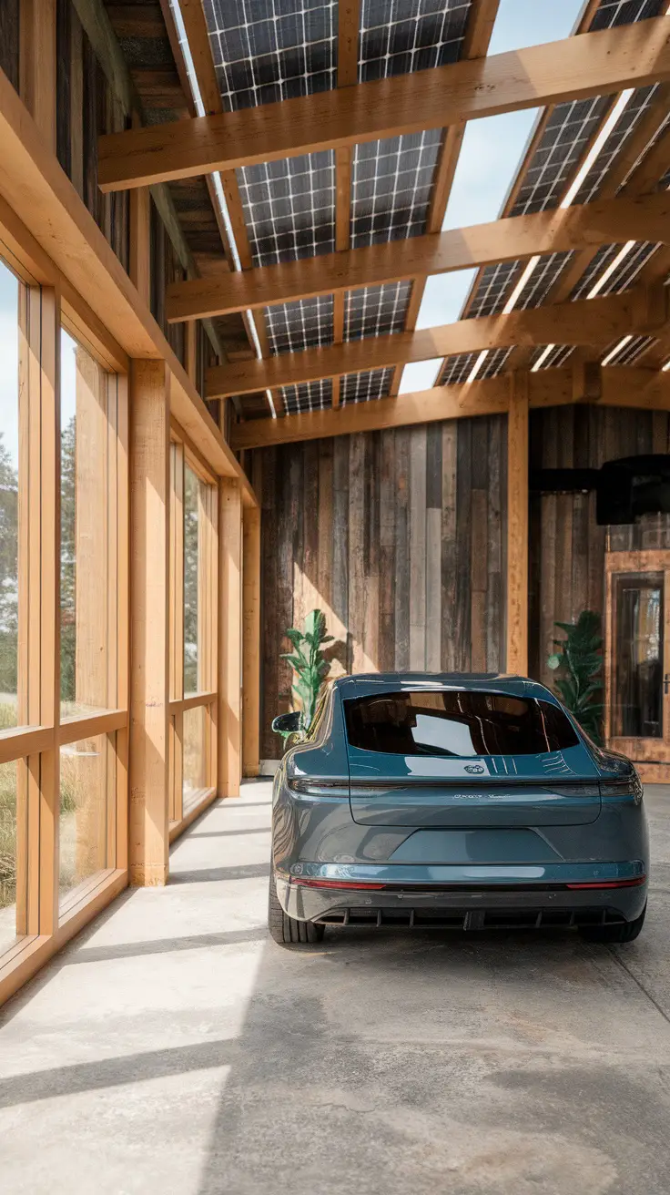 A modern eco-garage with solar panels, wooden accents, and an electric car.